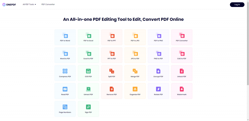 ONEPDF page with all the PDF tools