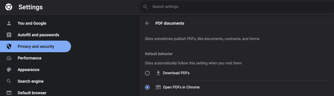 Select "Open PDFs in Chrome".